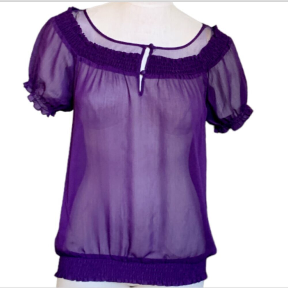 EXPRESS Sheer Peasant Style Top Smock Waist Short Sleeve Sz S Plum‎ Purple #16F